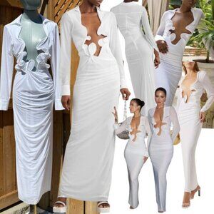 🆕 CHRISTOPHER ESBER 🧿 NWOT Venus Plunge Shirt Maxi Dress, White - Sz AU10 US 6